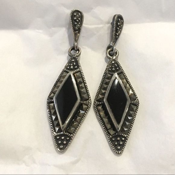 Sterling Silver Marcasite Onyx Drop VTG Earrings - Picture 2 of 14